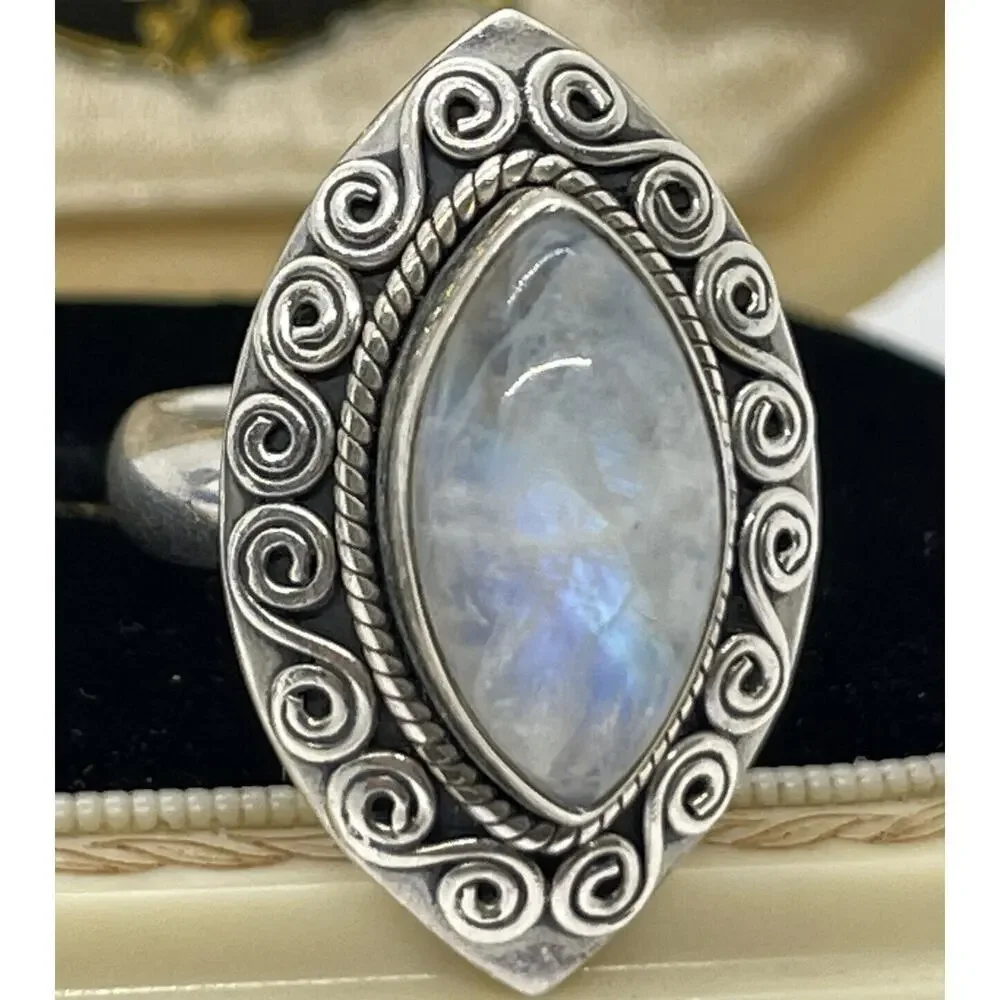 Vintage Sterling Silver Ring 925 Size 6.5 Moonstone Bali Style Ornate